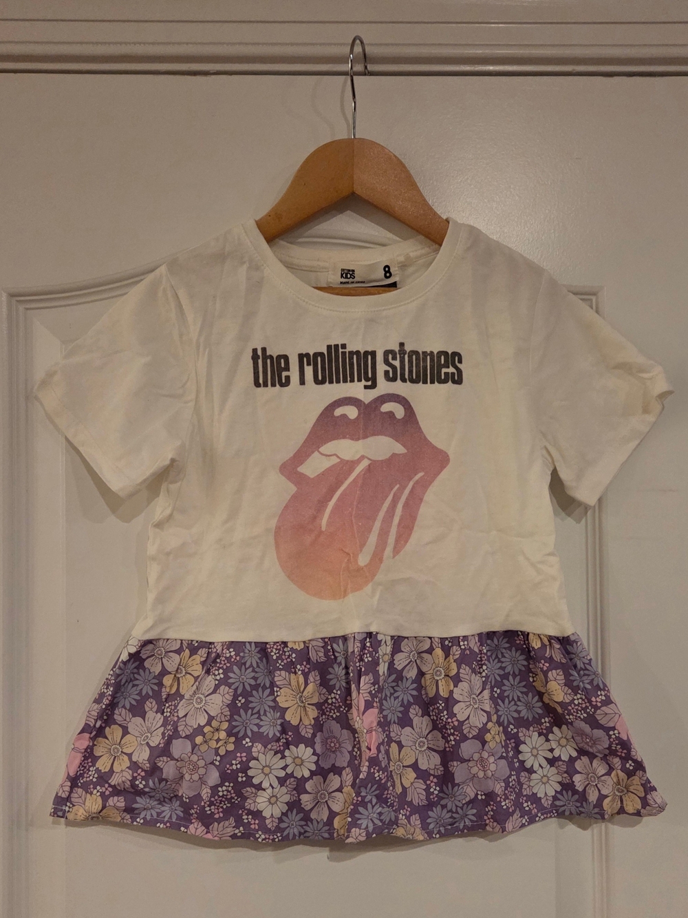 The Rolling Stones Girls' White Tee with Purple Floral Peplum Size:8